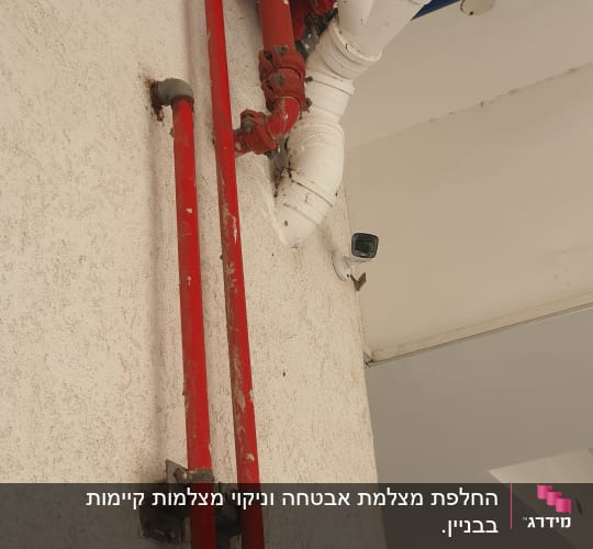 מצלמת אבטחה מותקנת על קיר ליד צינורות